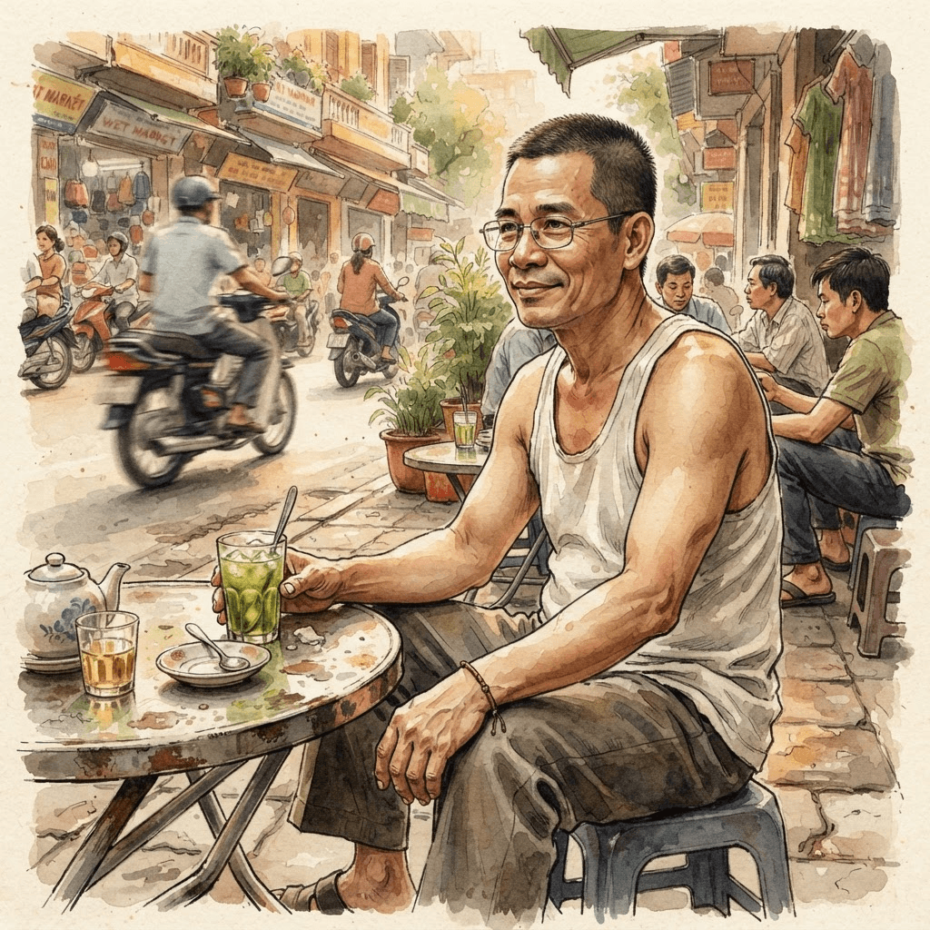 Chân dung tranh mực của tác giả Bác Tư Trà — người đàn ông dân dã mặc áo ba lỗ, tóc cắt cua, đeo kính, bên cốc trà đá